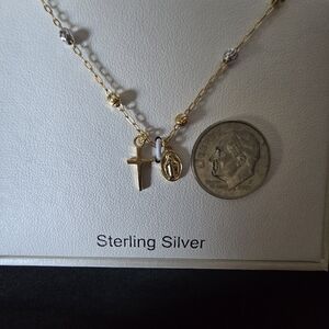 Two-Tone Cross and Miraculous Medal Necklace - Gold and Silver
